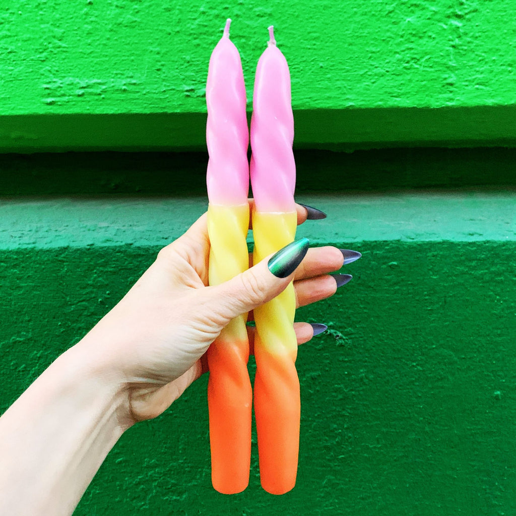 Set of 2 Tapered Candle in Pink-Yellow-Orange | Aesthetic Retro Spiral Ombre Dinner Candlesticks | Gift for Her by The Bullish Store