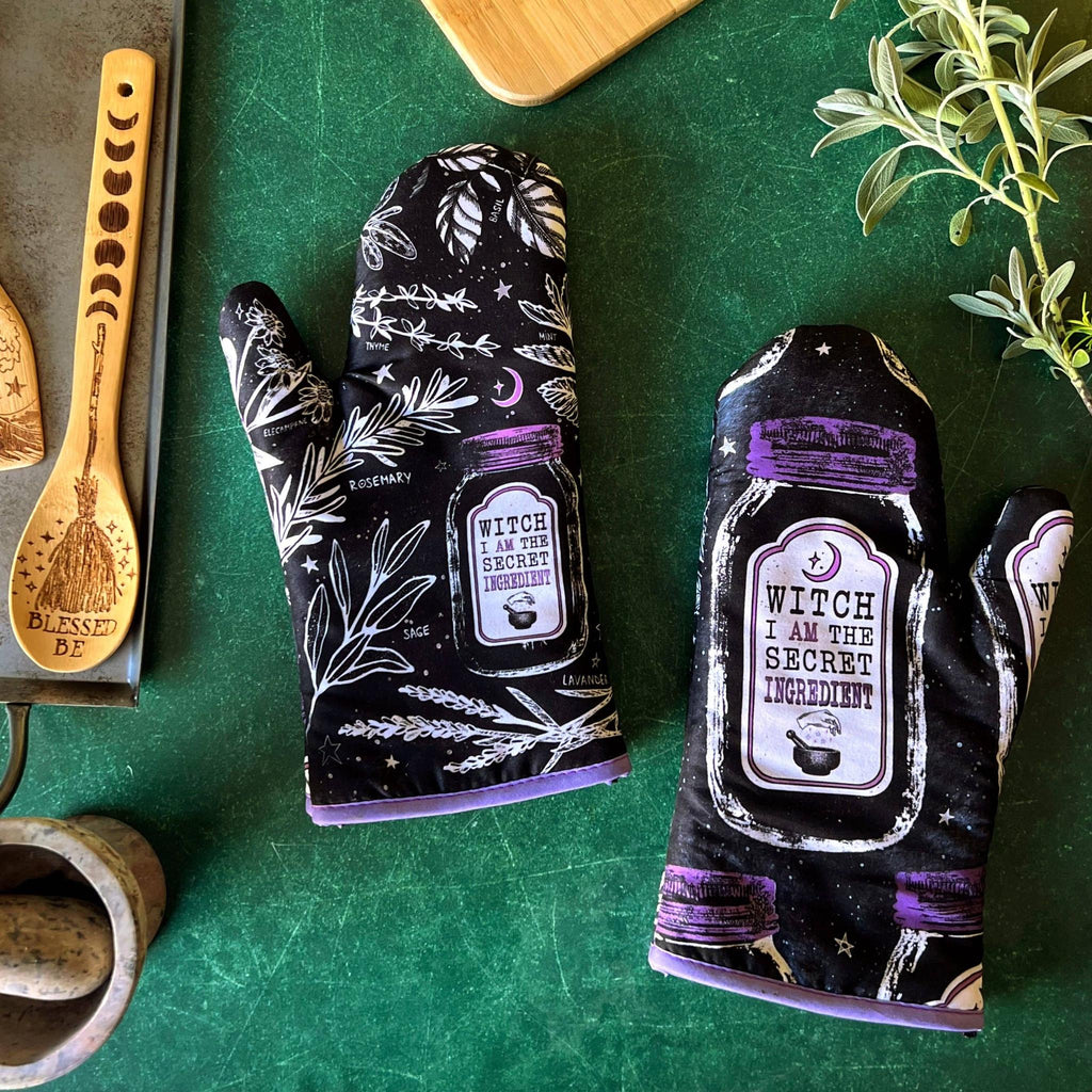 Set of 2 "Witch, I AM The Secret Ingredient" Oven Mitt | Pot Holders Hanging Oven Gloves Set by The Bullish Store
