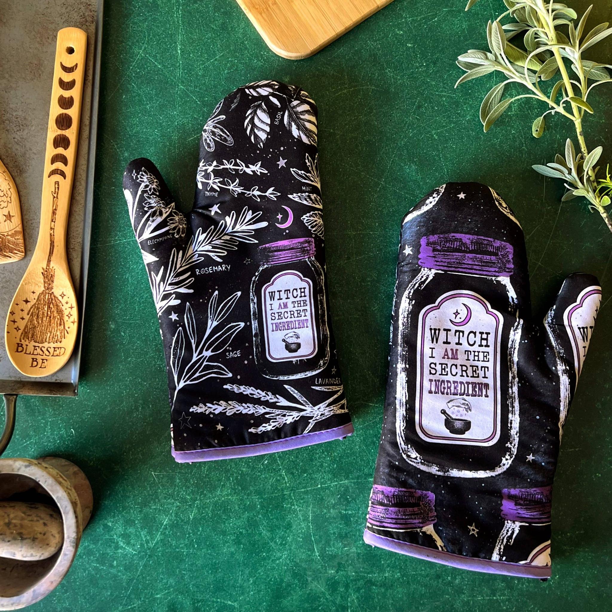 Set of 2 "Witch, I AM The Secret Ingredient" Oven Mitt | Pot Holders Hanging Oven Gloves Set by The Bullish Store