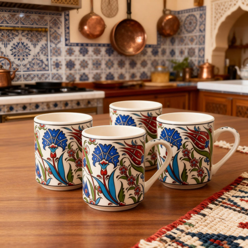 Set of 4 Handmade in Türkiye Ceramic Botanical Mugs - 9 Styles Available by The Bullish Store