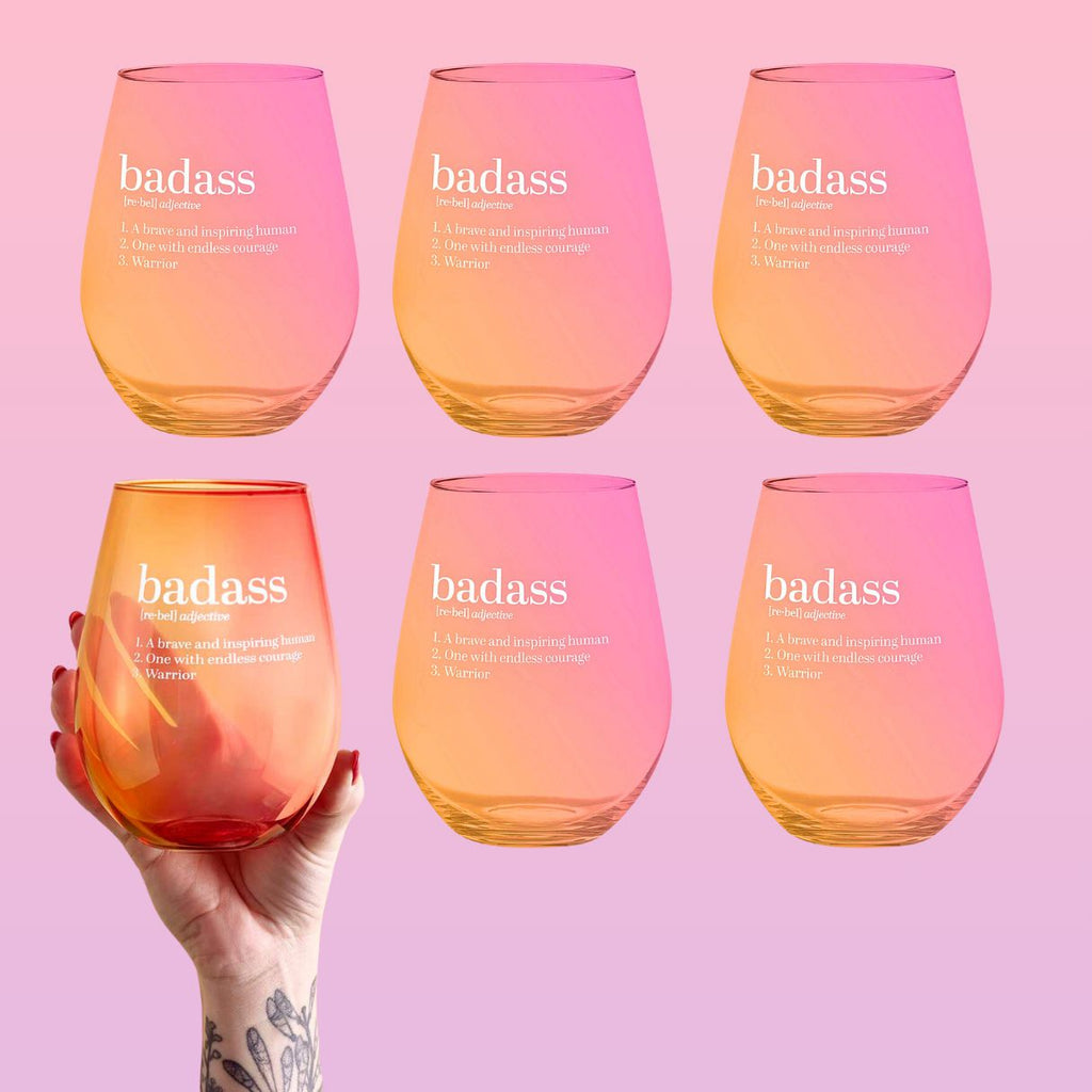 Set of 6 Badass Jumbo Stemless Wine Glass in Orange Pink Ombre | 30 Oz. | Holds an Entire Bottle of Wine by The Bullish Store
