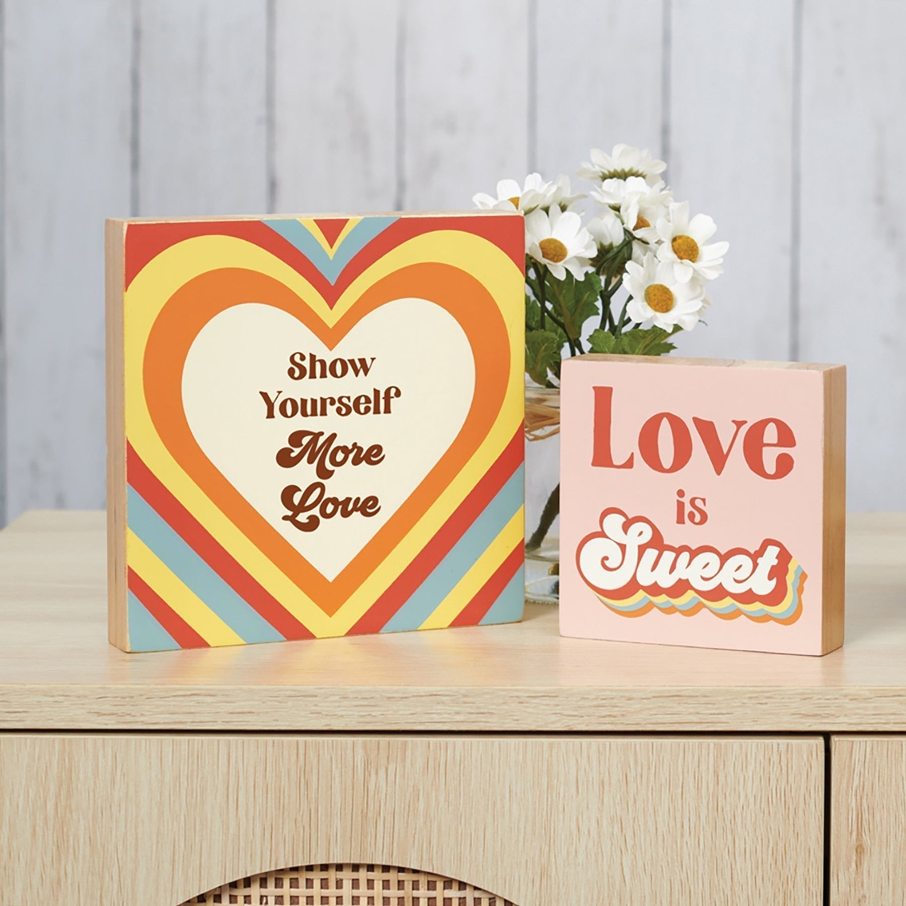 Show Yourself More Love Inspo Block Sign | Retro Hearts | 6" x 6" by The Bullish Store