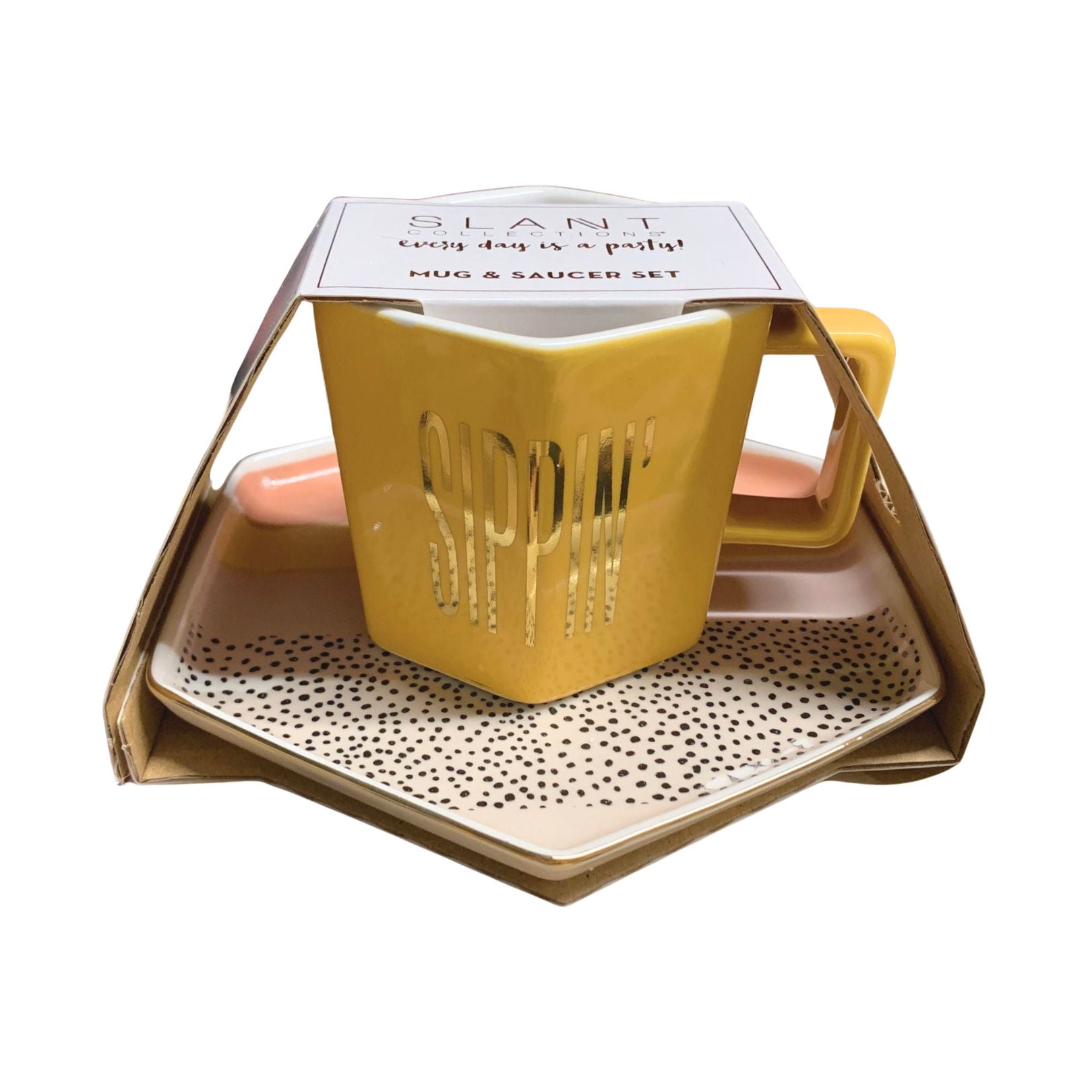 Sippin' Hexagon Mug and Saucer Set in Peach, Black Dot, and Honey | Gift for Her by The Bullish Store