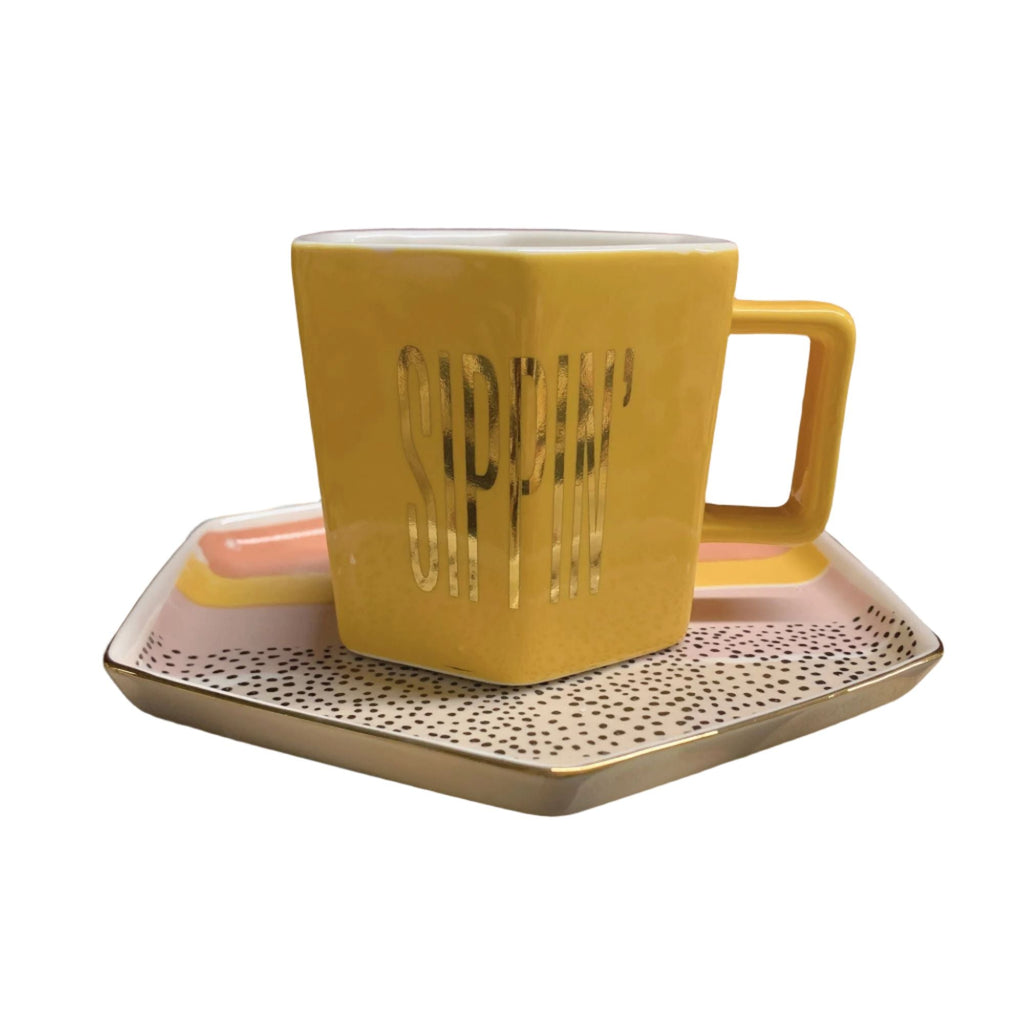 Sippin' Hexagon Mug and Saucer Set in Peach, Black Dot, and Honey | Gift for Her by The Bullish Store