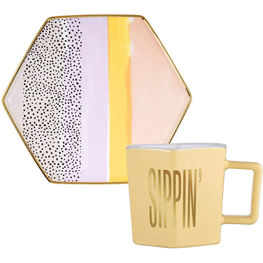 Sippin' Hexagon Mug and Saucer Set in Peach, Black Dot, and Honey | Gift for Her by The Bullish Store