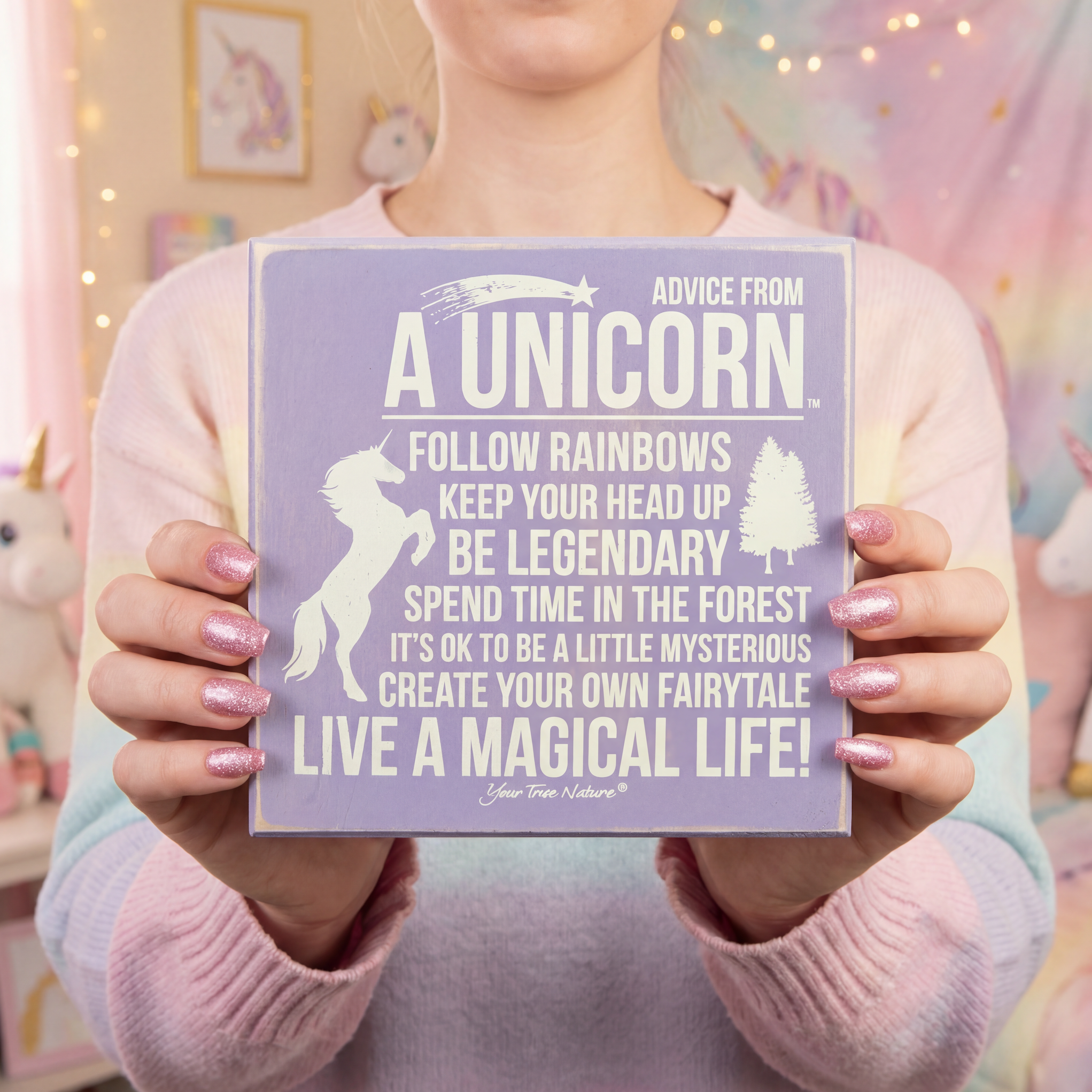 Advice From Unicorn Wooden Box Sign | Purple with White Lettering 6" x 6" by The Bullish Store