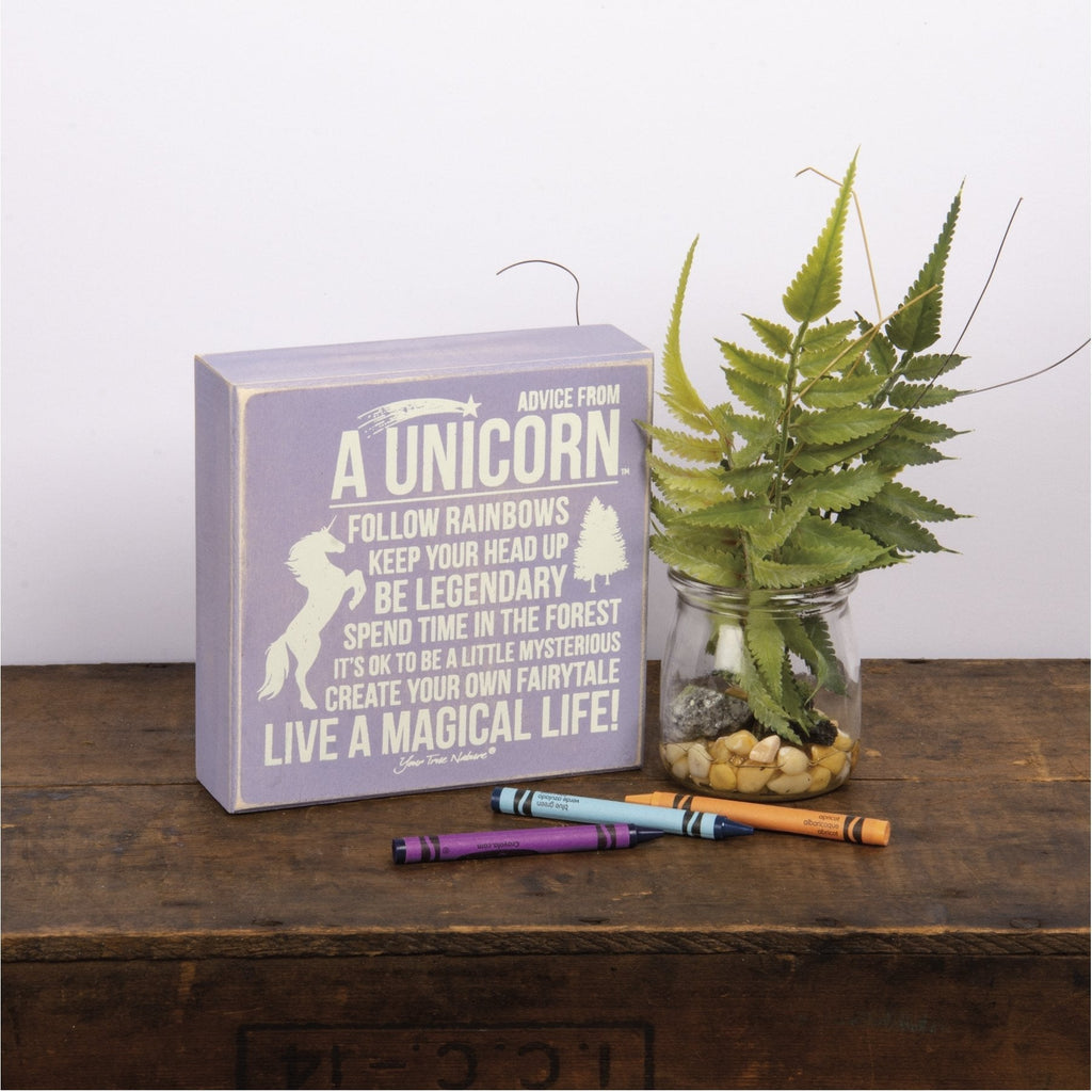 Advice From Unicorn Wooden Box Sign | Purple with White Lettering 6" x 6" by The Bullish Store