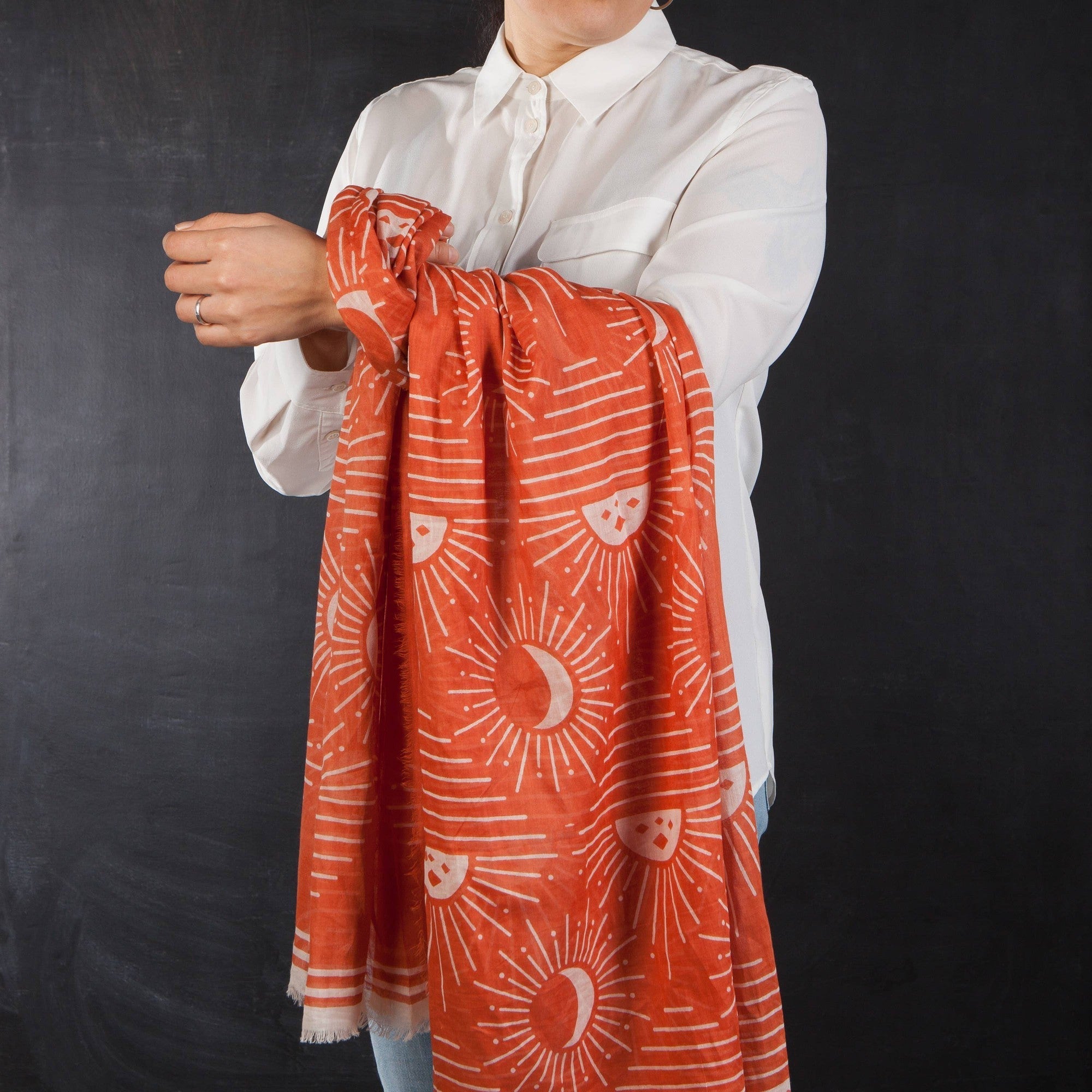 Soleil Printed Cotton Long Designer Scarf in Light Brown | Wrap Shawl Scarves | 40” x 72” by The Bullish Store