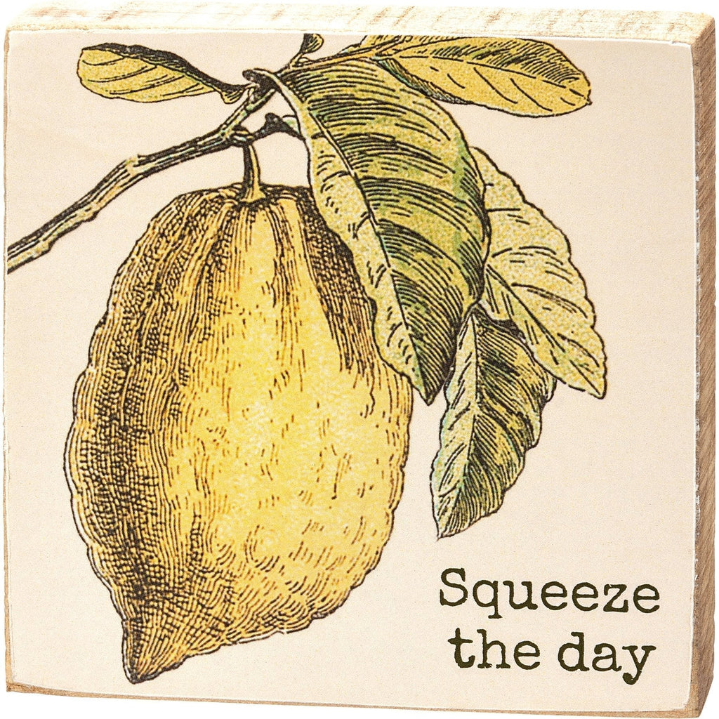 Squeeze The Day Inspo Lemon Wooden Block Sign | 4" x 4" by The Bullish Store