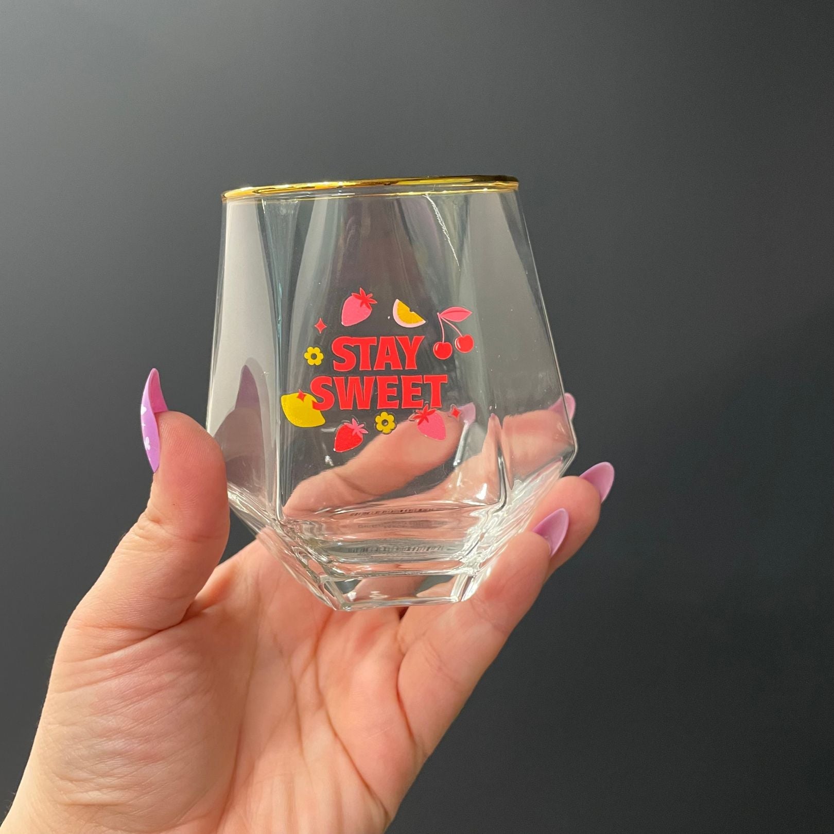 Stay Sweet Beveled Wine Glass | Hexagon Shaped Wine Stemless Glass Tumbler | 10oz by The Bullish Store