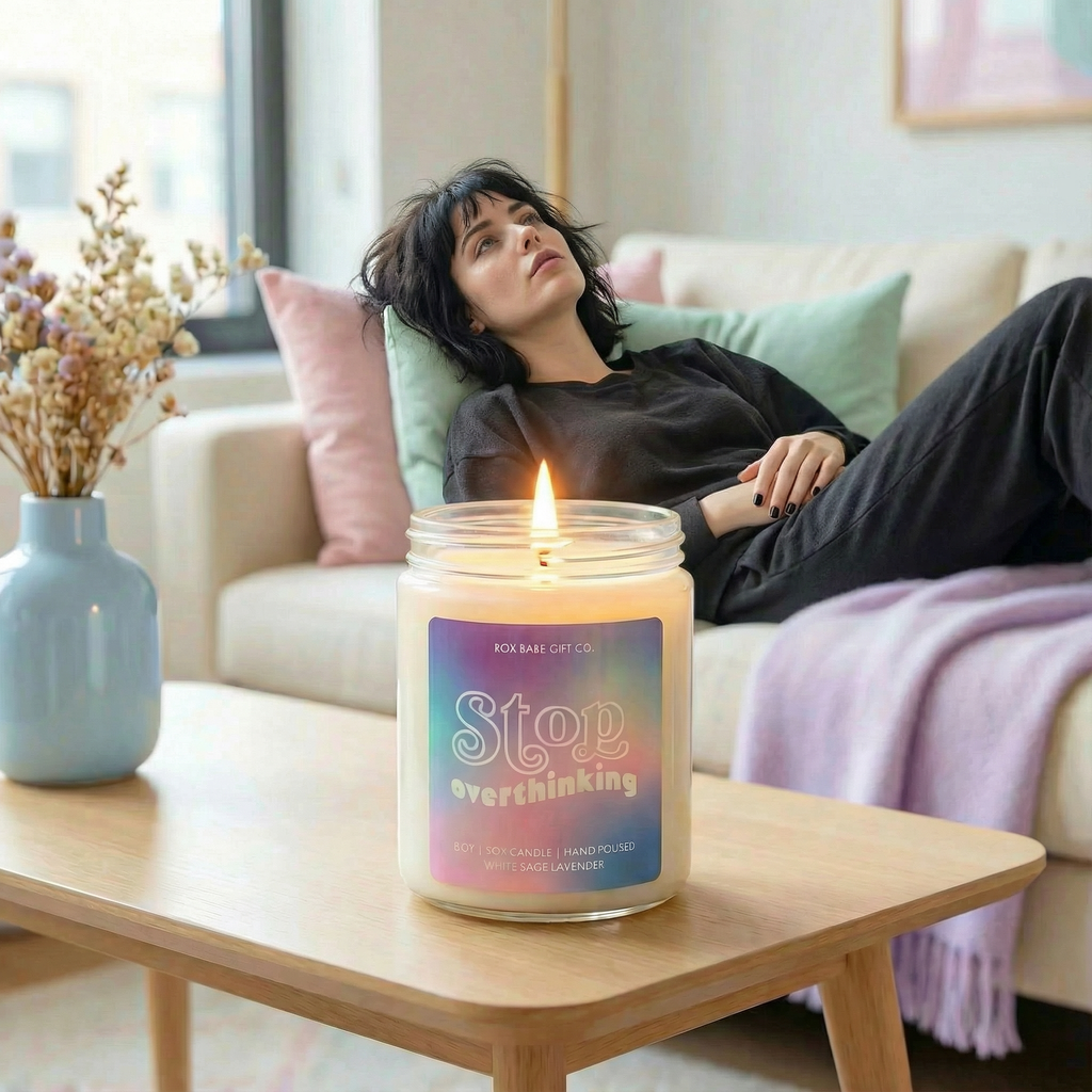 Stop Overthinking Candle in White Sage Lavender Scent | Self-Care Collection Wick Light by The Bullish Store