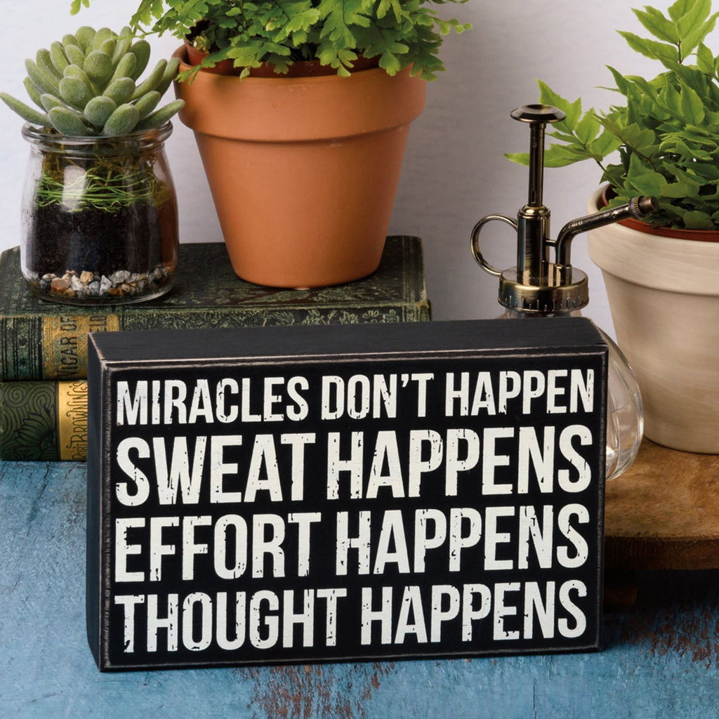 Thought Happens Inspo Box Sign | Classic Black & White Wooden Sign Display | 8" x 5" by The Bullish Store