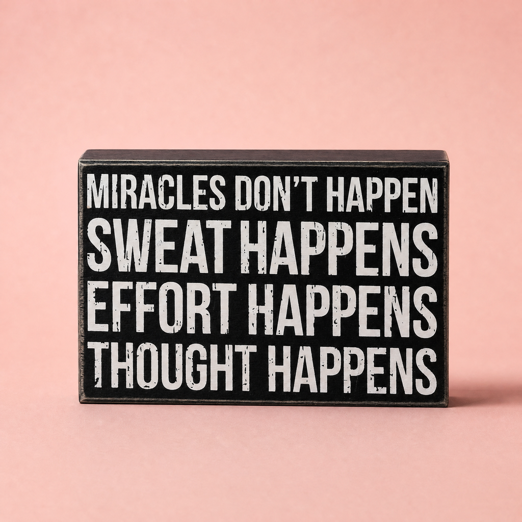Thought Happens Inspo Box Sign | Classic Black & White Wooden Sign Display | 8" x 5" by The Bullish Store