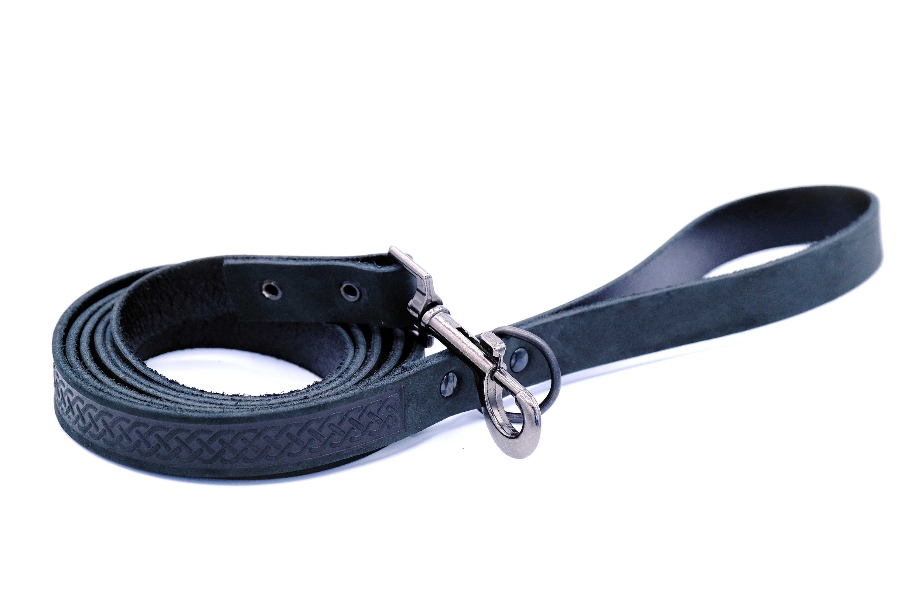 Celtic Sport Midnight Black Leather Dog Leash by Euro-Dog Collars and Leads