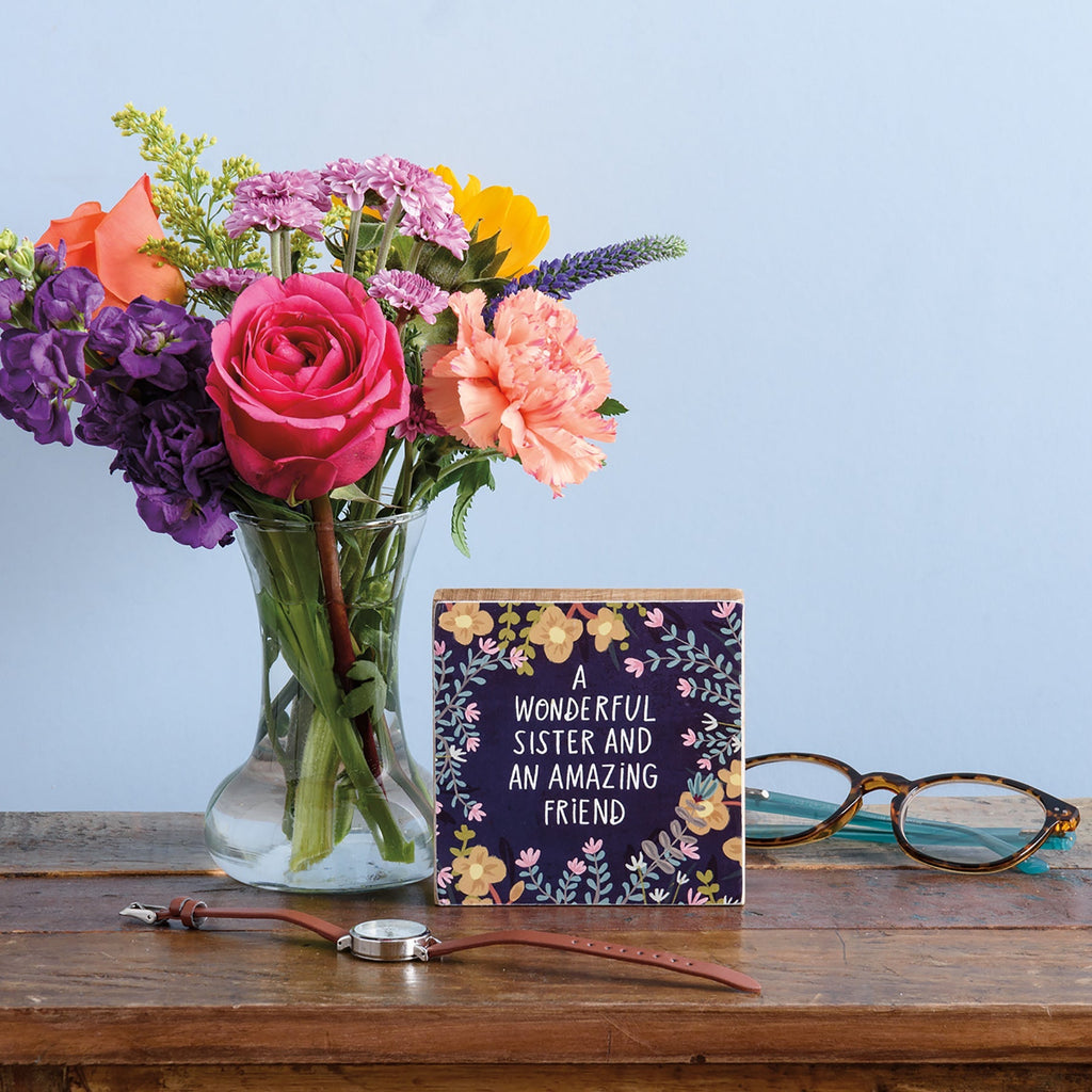 Wonderful Sister And Amazing Friend Block Sign | Square Wall Desk Art Display | 4" x 4" by The Bullish Store