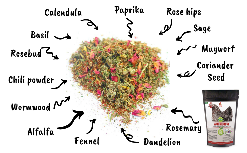 WormBGone Nesting Herbs For Pet Chickens With Roses, Chilis, Calendula, Dandelion For Healthier Coops by Dahlia Pets