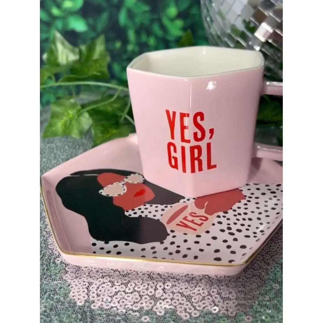 Yes, Girl Hexagon Mug & Saucer Set in Pink by The Bullish Store
