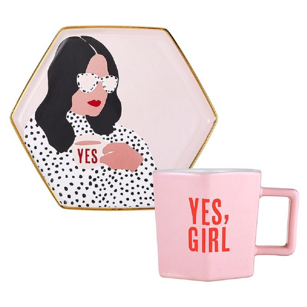 Yes, Girl Hexagon Mug & Saucer Set in Pink by The Bullish Store