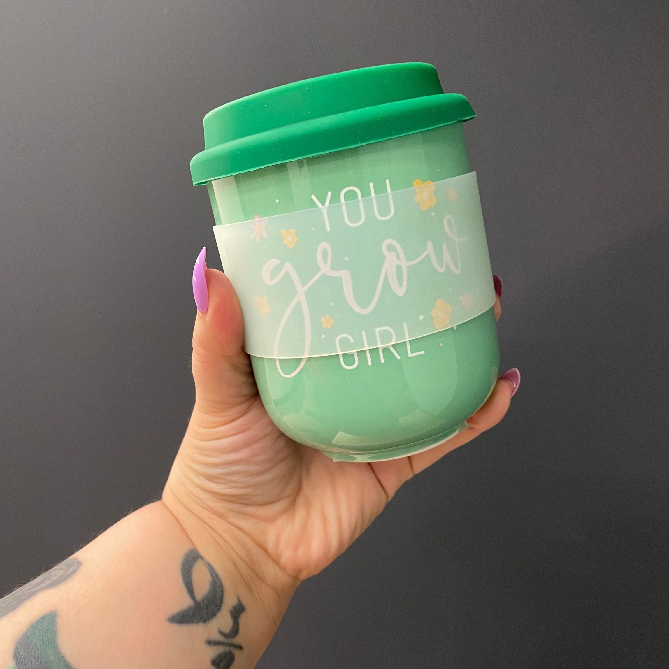 You Grow Girl Ceramic To Go Mug | Holds 16 oz. | Eco Mug with Silicone Lid and Sleeve by The Bullish Store