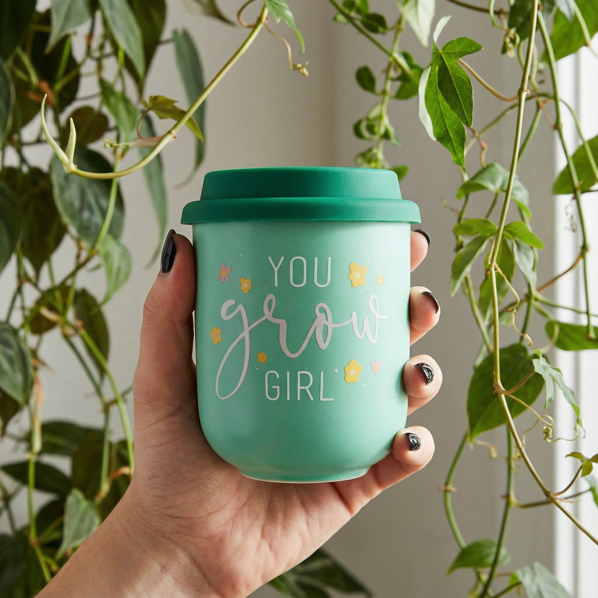 You Grow Girl Ceramic To Go Mug | Holds 16 oz. | Eco Mug with Silicone Lid and Sleeve by The Bullish Store