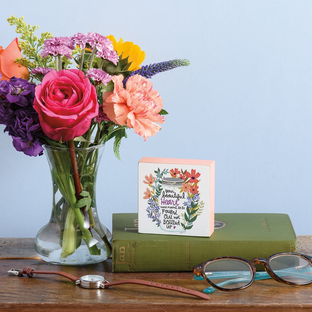 Your Beautiful Heart Was Meant To Be Poured Out Floral Inspo Wooden Block Sign | 3" Square by The Bullish Store