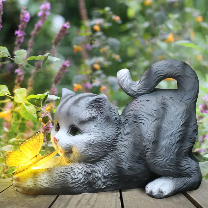 Solar Light Butterfly And Cat Resin Outdoor Sculpture by Love My Pet