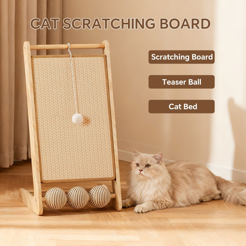 Large Vertical Sisal Cat Scratcher with Balls, Wooden Frame - Sisal Scratching Surface by VetsPetStore