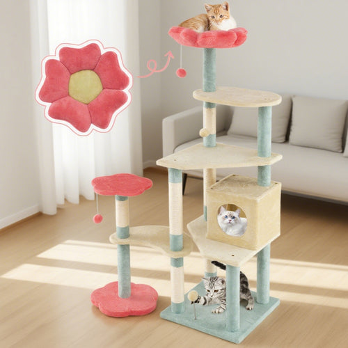 61 Inch Multi-Level Aesthetic Floral Cat Tower with Flower-Shaped Padded Perch by VetsPetStore