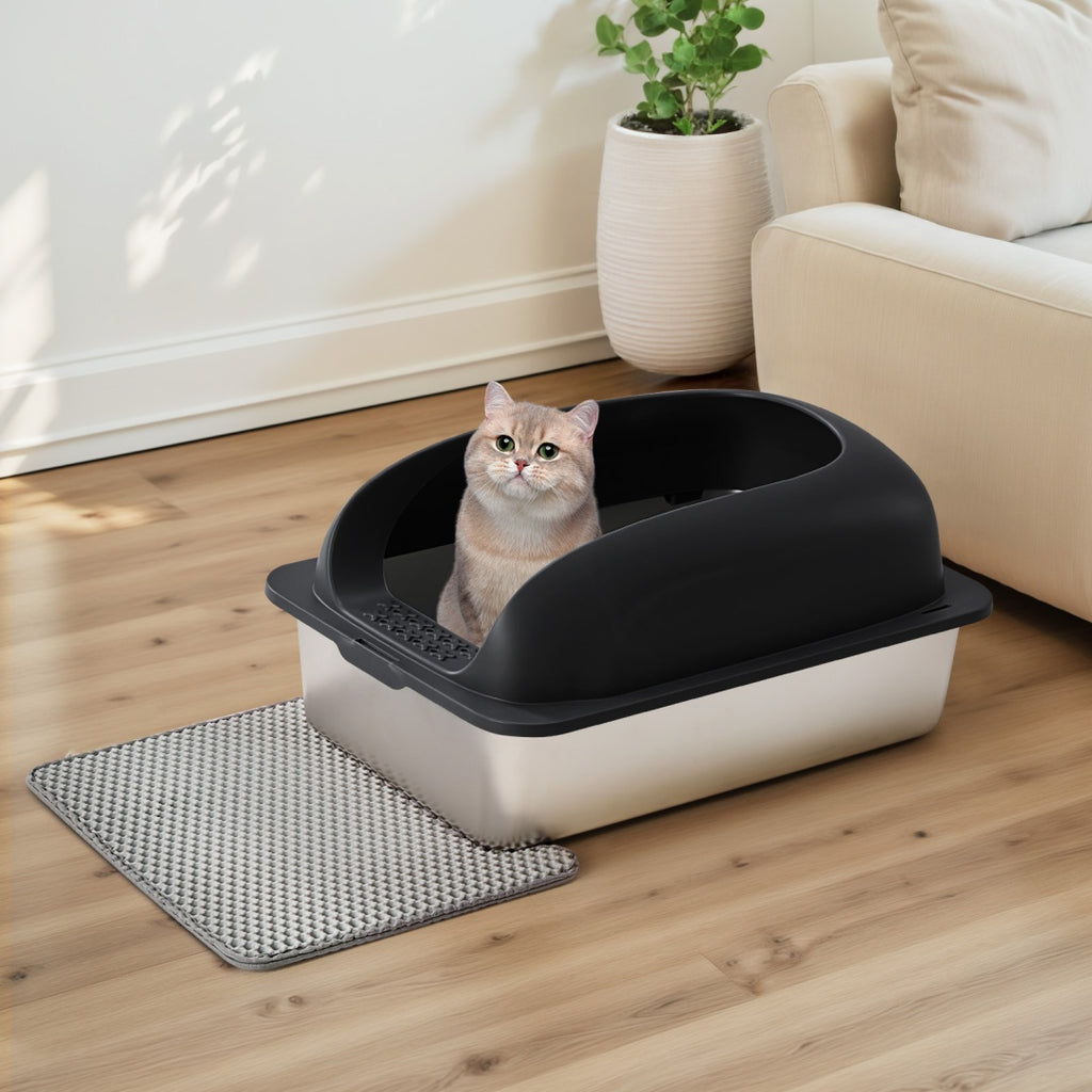 Stainless Steel Cat Litter Box With Lid, Large Cat Litter Box For Big Cats, Scoop And Mat Included by VetsPetStore