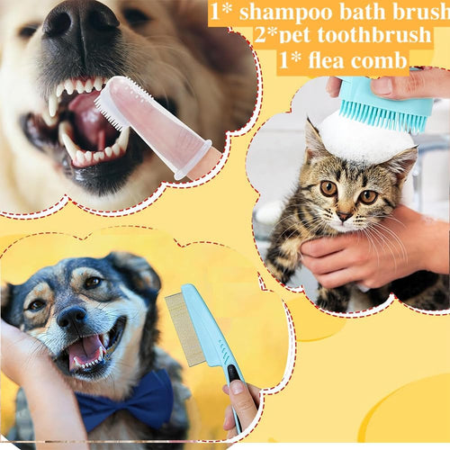 7pcs Pet Grooming Kit, Self-Cleaning Brush Shedding Kit With Nail Clipper, Flea Comb, Shampoo Bath Brush, Finger Toothbrush by VetsPetStore