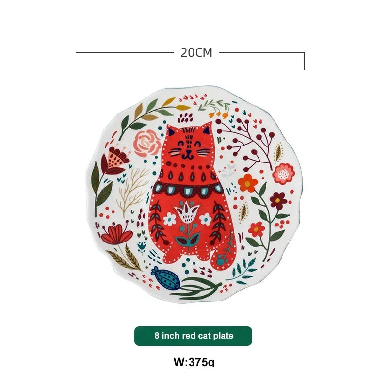 Ceramic 8 Inch Round Dishes, Cat Patterned