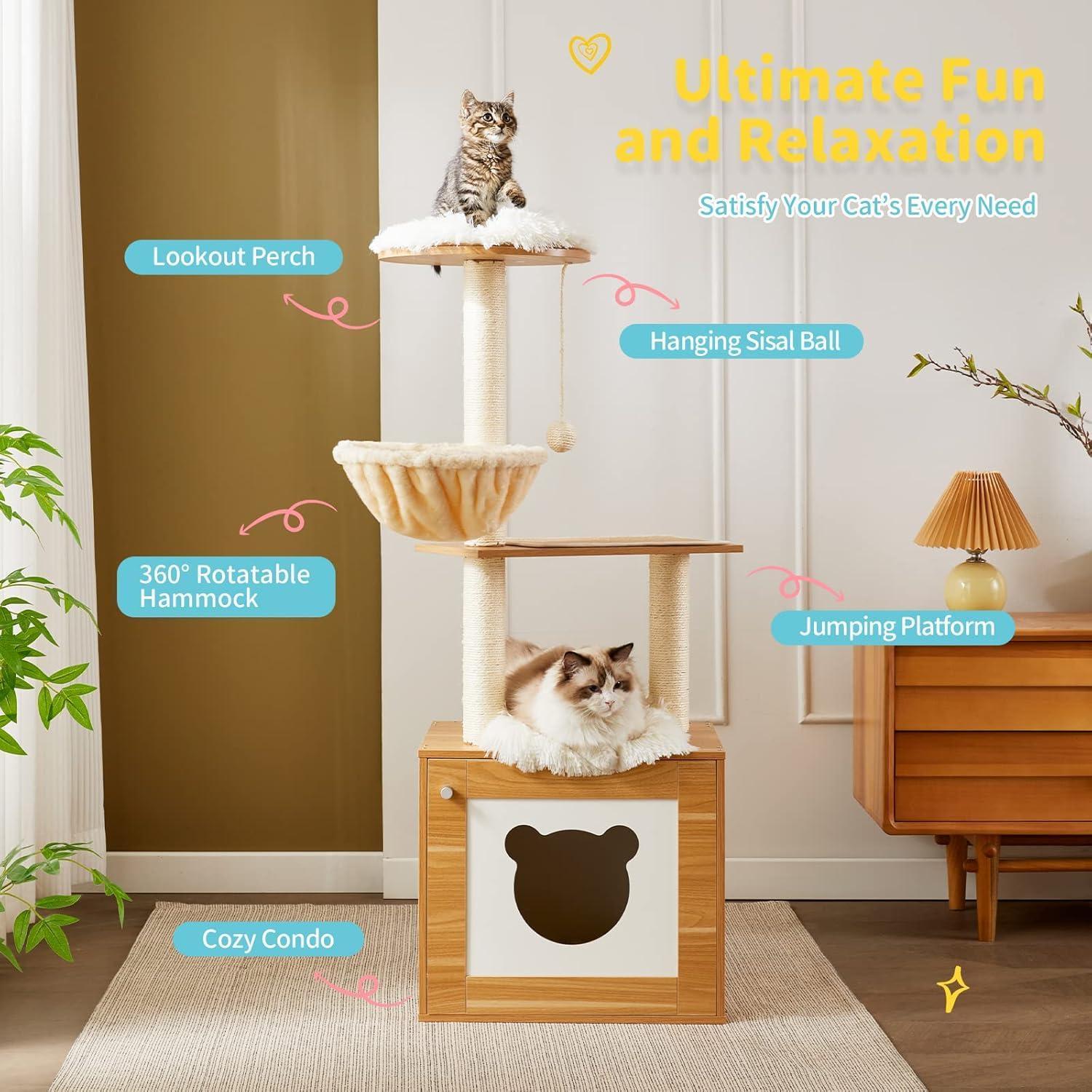 Solid Wood Cat Tree And Tower With Litter Box, Cat Scratching Board And Hammock