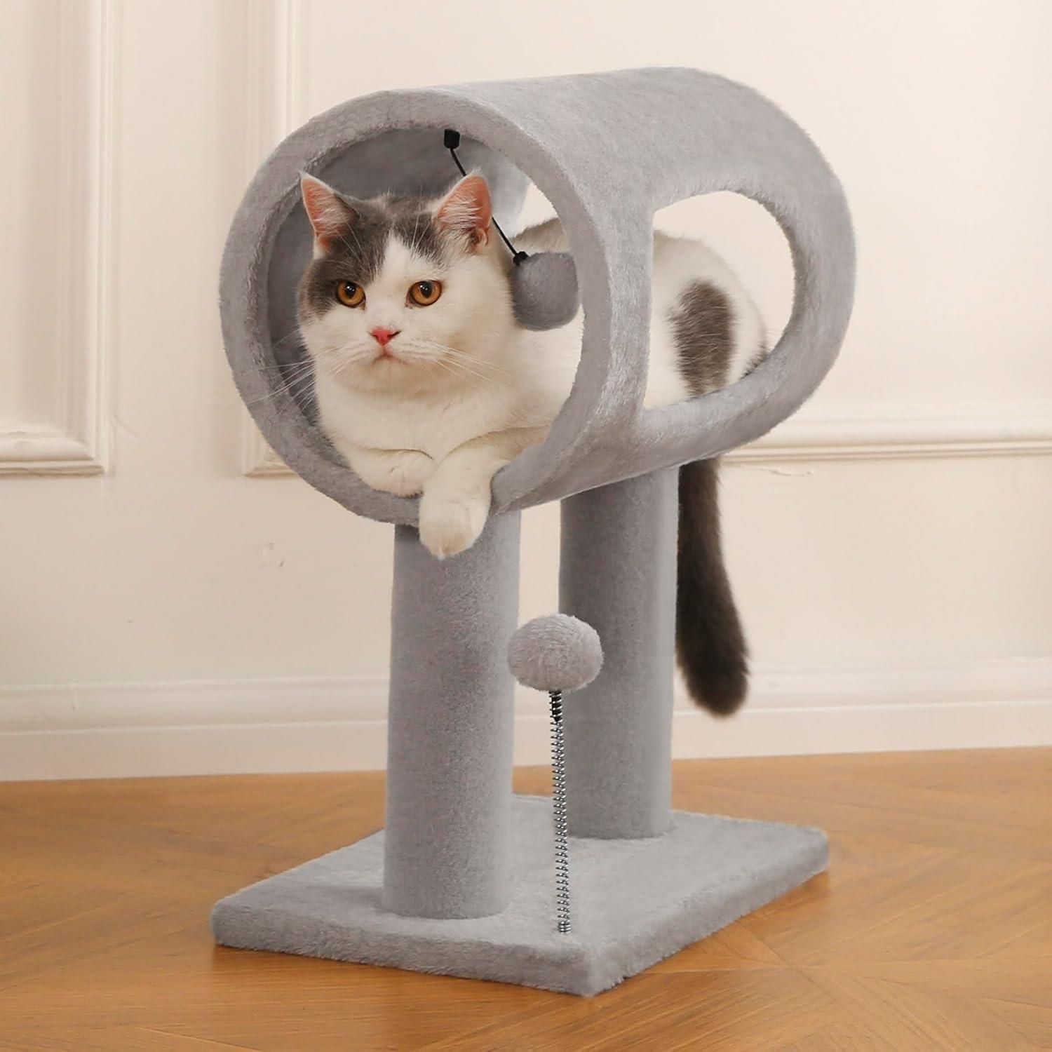 Gray Indoor Cat Tree with Hanging Ball