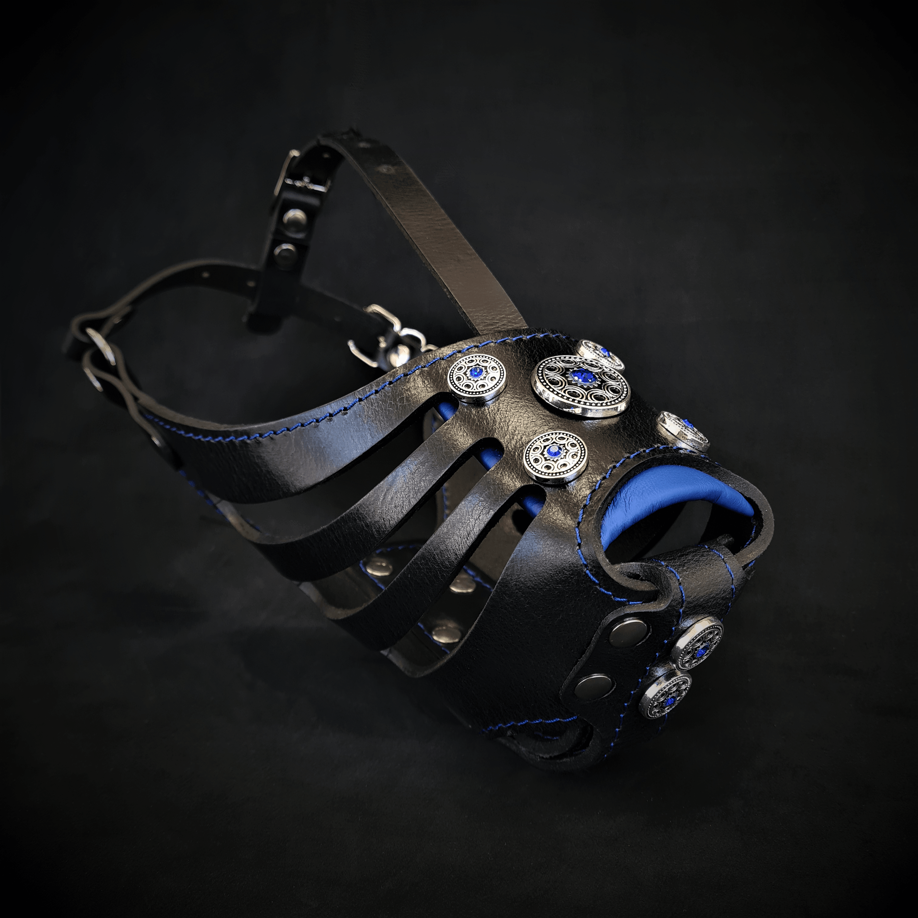 The ''Bijou'' Basket Muzzle Black & Blue by Bestia Dog Gear