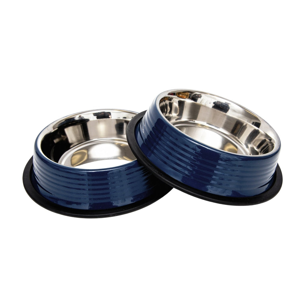 Country Living Set of 2 Ribbed Non-Slip Pet Bowls – Poseidon Blue by American Pet Supplies