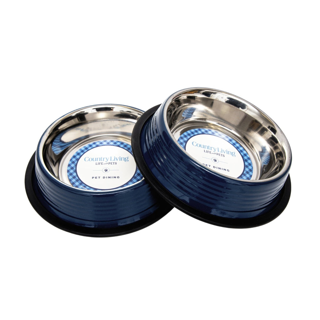 Country Living Set of 2 Ribbed Non-Slip Pet Bowls – Poseidon Blue by American Pet Supplies