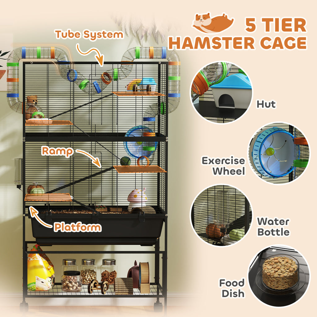 5 Tier Rolling Hamster Cage with Deep Tray, Storage Shelf, Big Exercis ...