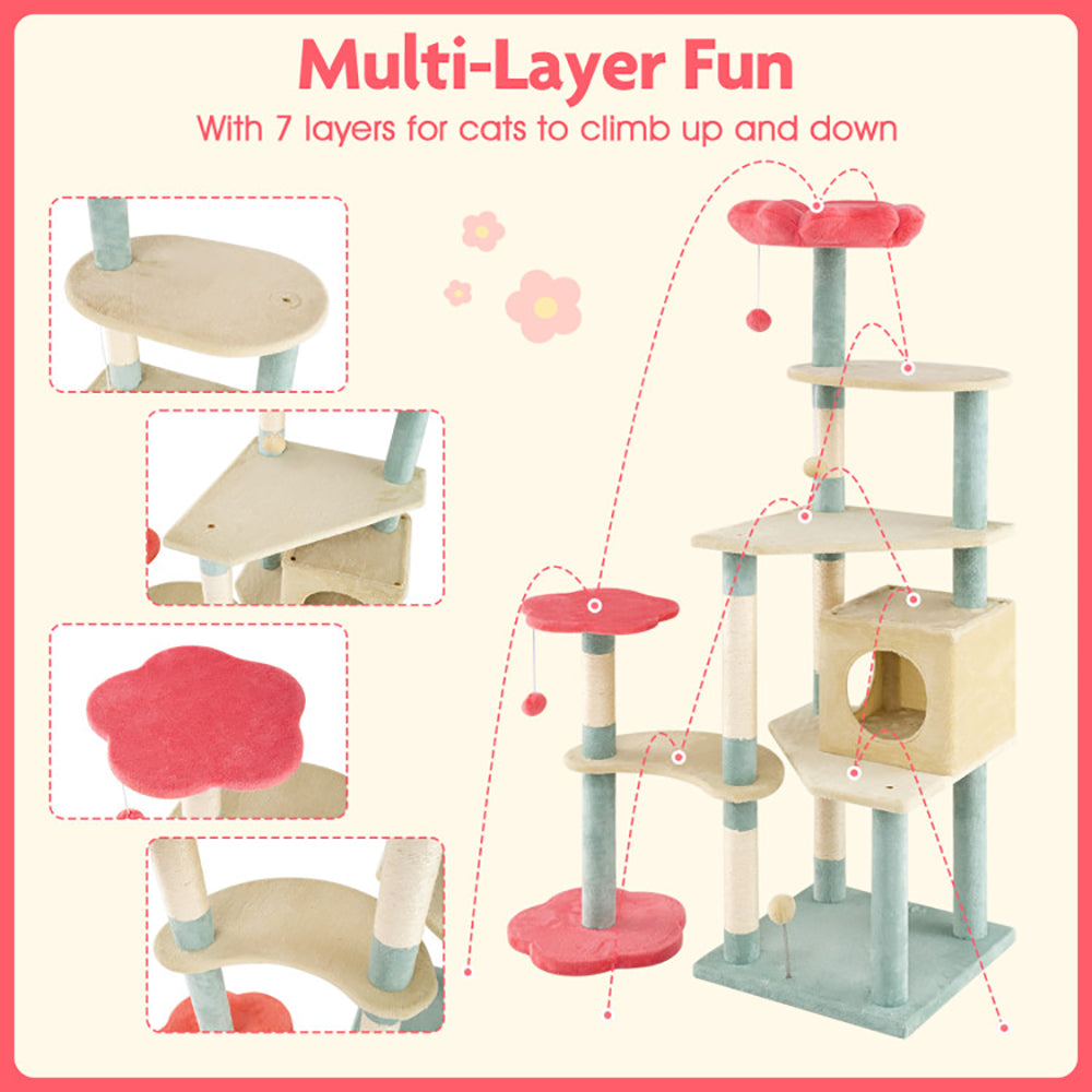 61 Inch Multi-Level Aesthetic Floral Cat Tower with Flower-Shaped Padded Perch