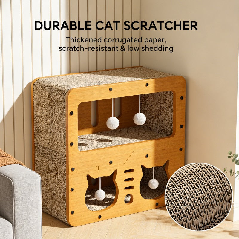 Cat Scratcher Sofa, With 4 Teaser Balls, Wood -Corrugated Scratcher by VetsPetStore