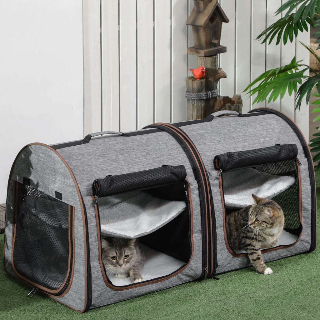 Portable Soft-sided Cat Carrier With Divider, Two Compartments, Padded And Storage Bag, Grey by VetsPetStore