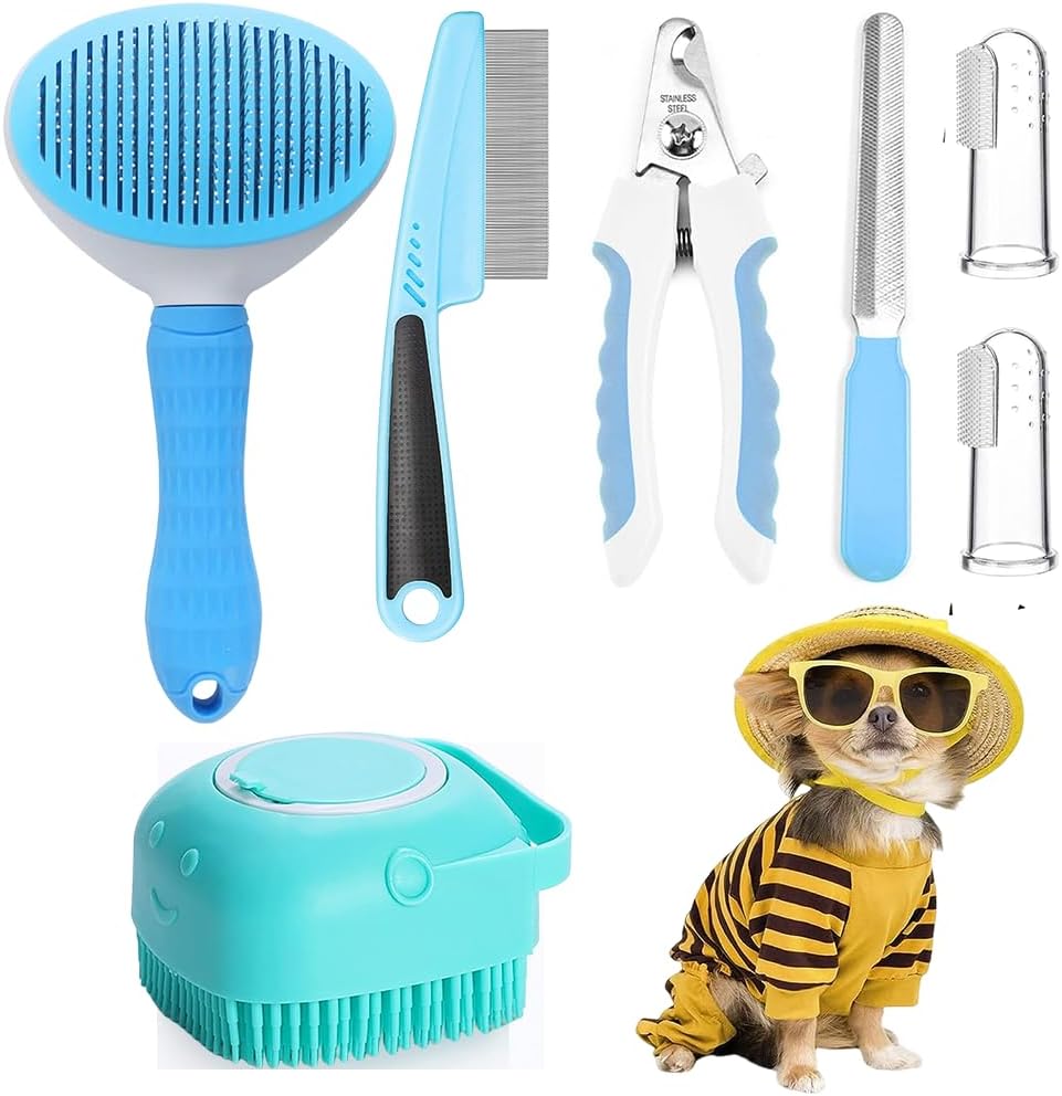 7pcs Pet Grooming Kit, Self-Cleaning Brush Shedding Kit With Nail Clipper, Flea Comb, Shampoo Bath Brush, Finger Toothbrush by VetsPetStore