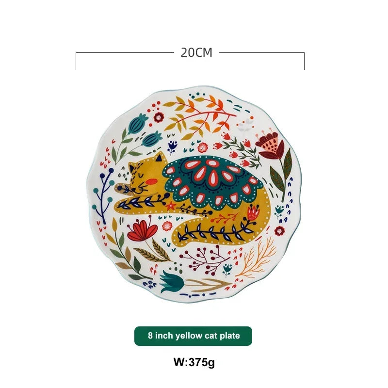 Ceramic 8 Inch Round Dishes, Cat Patterned