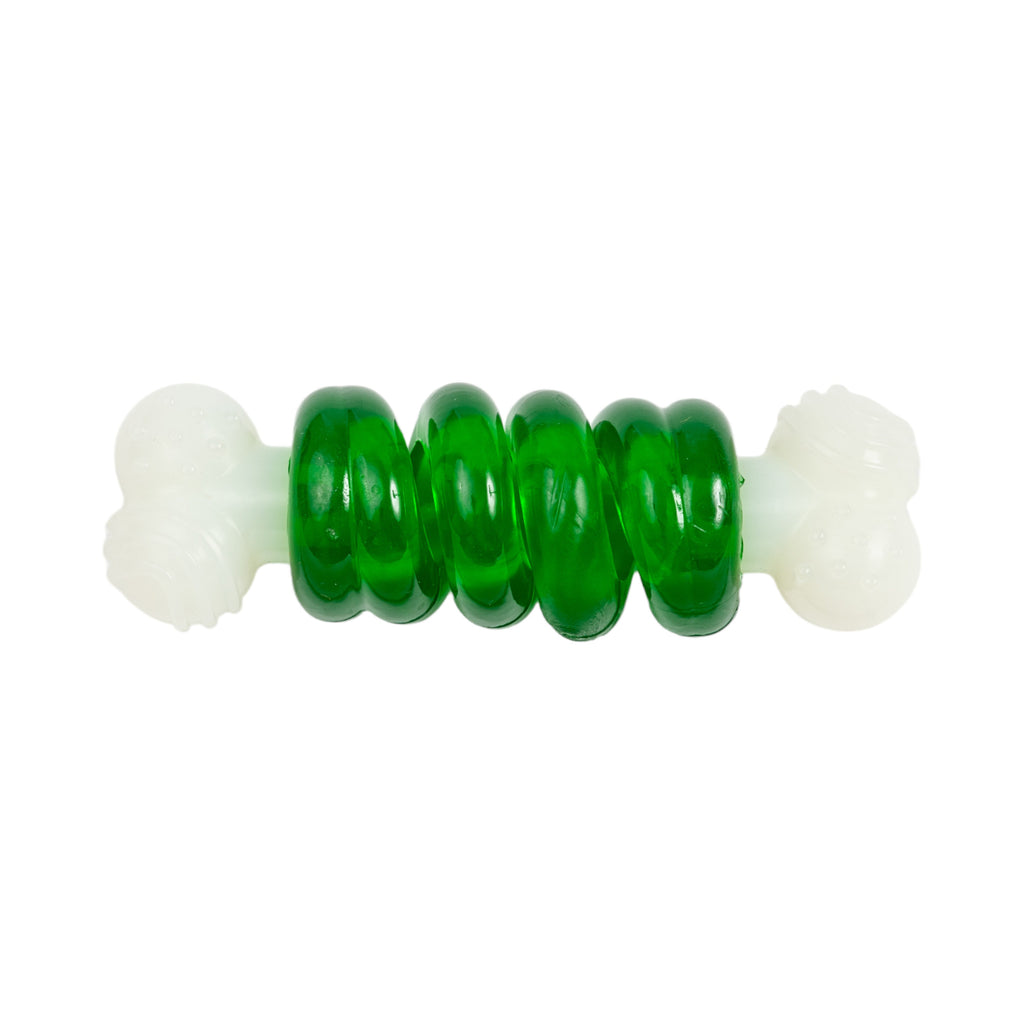 Country Living Bone-a-Treat Dog Chew Toy – Orange Bulged Balls & Green Spiral Ring by American Pet Supplies