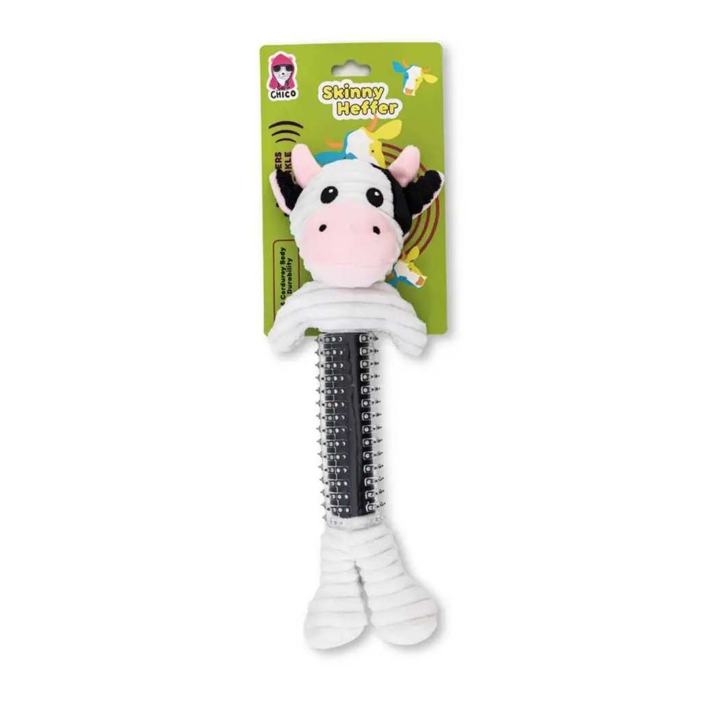 Country Living Thermoplastic Rubber Black & White Cow Plush Dog Toy – with Squeaker & Crinkle Paper by American Pet Supplies
