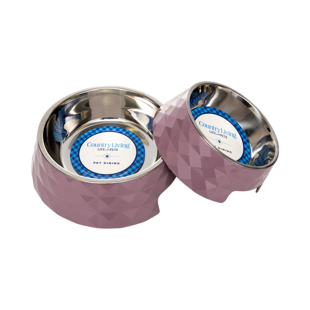 Country Living Set of 2 Diamond Twill Melamine Dog Bowls with Removable Stainless Steel Inserts – Wood Rose by American Pet Supplies