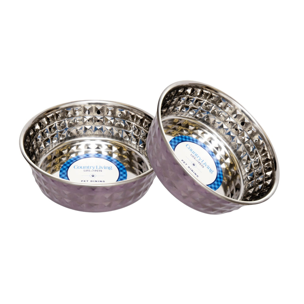 Country Living Set of 2 Hammered Stainless Steel Dog Bowls – Lavender by American Pet Supplies