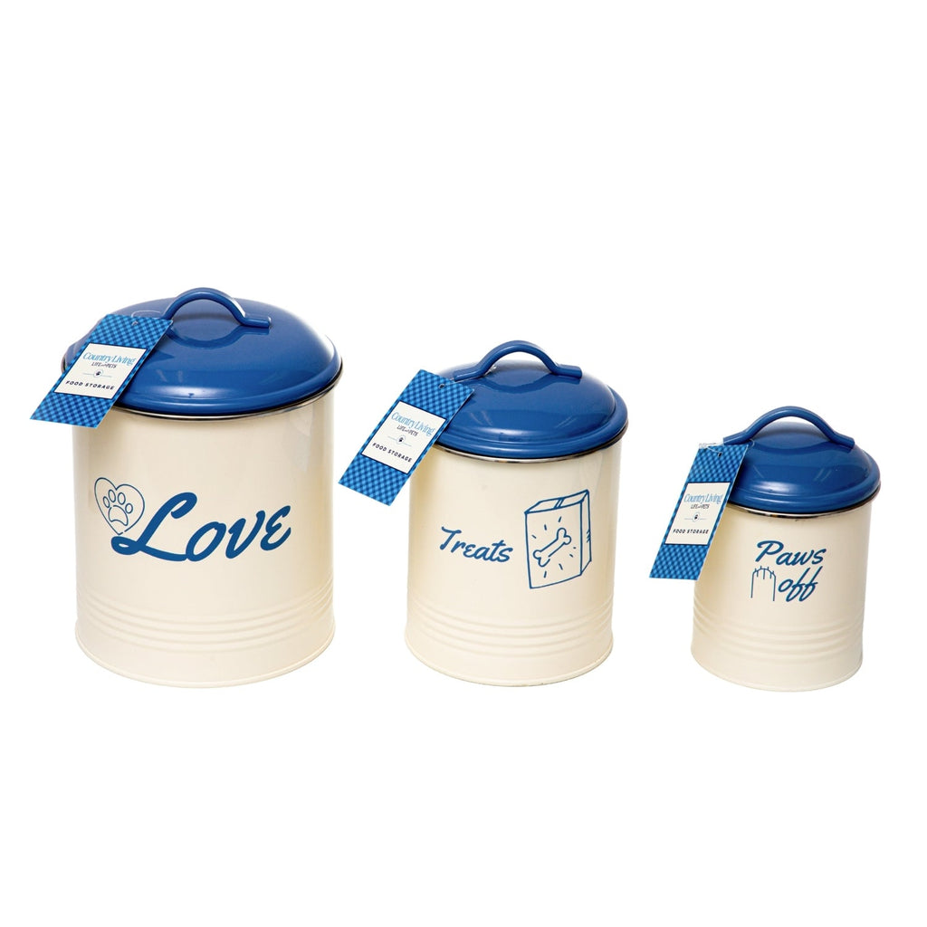 Country Living Set of 3 Pet Treat Canisters, Dog Treat Storage – French Blue Lid by American Pet Supplies