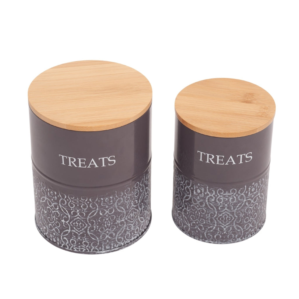 Country Living Dog Treat Canisters - Set of 2 Carbon Steel Jars with Bamboo Lids – Volcanic Gray by American Pet Supplies
