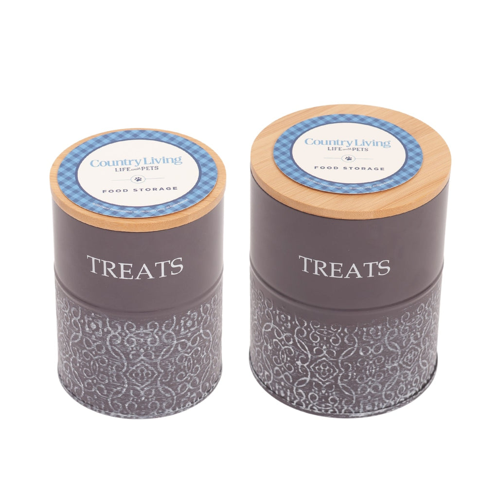 Country Living Dog Treat Canisters - Set of 2 Carbon Steel Jars with Bamboo Lids – Volcanic Gray by American Pet Supplies