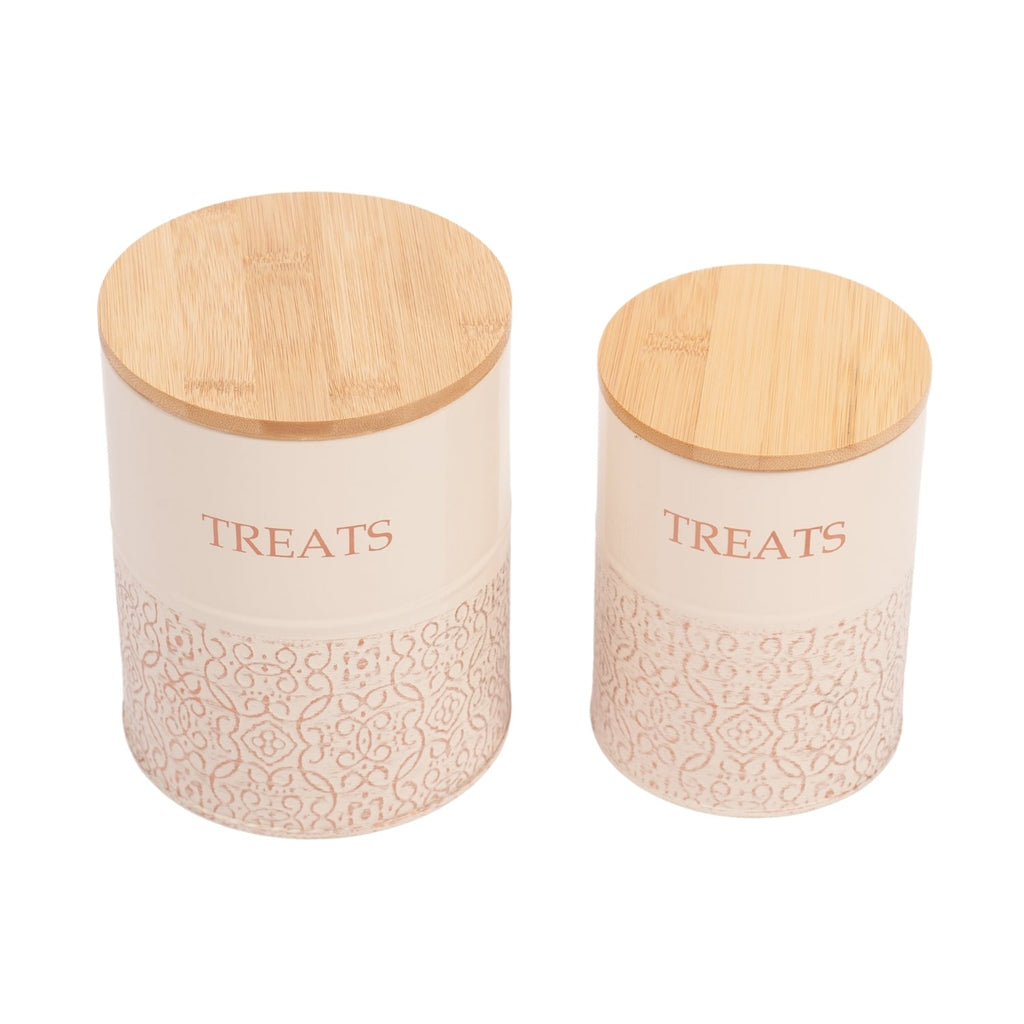 Country Living Dog Treat Canisters - Set of 2 Carbon Steel Jars with Bamboo Lids – White Swan by American Pet Supplies